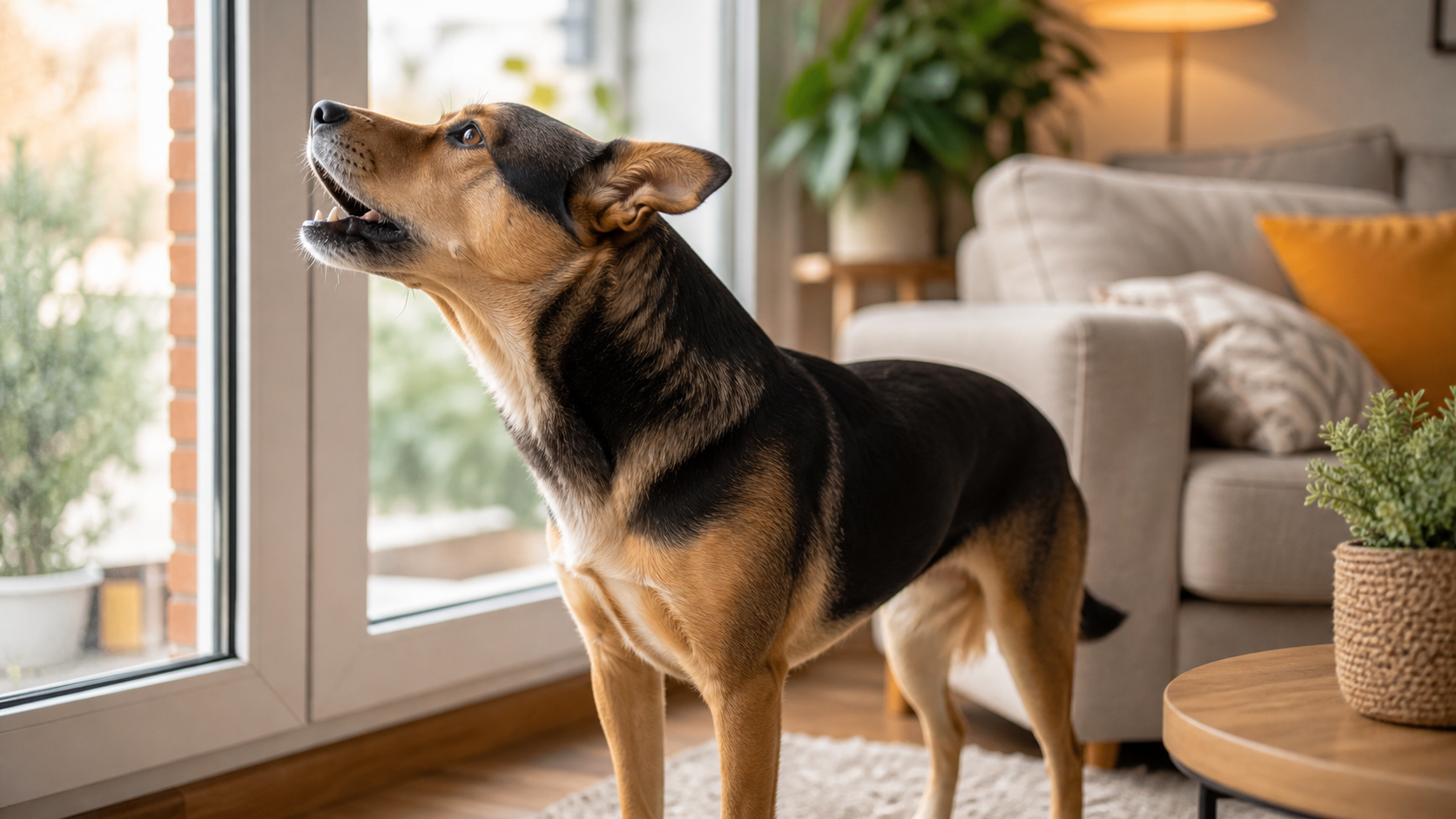 Cachorro alerta latindo dentro de casa perto de uma janela